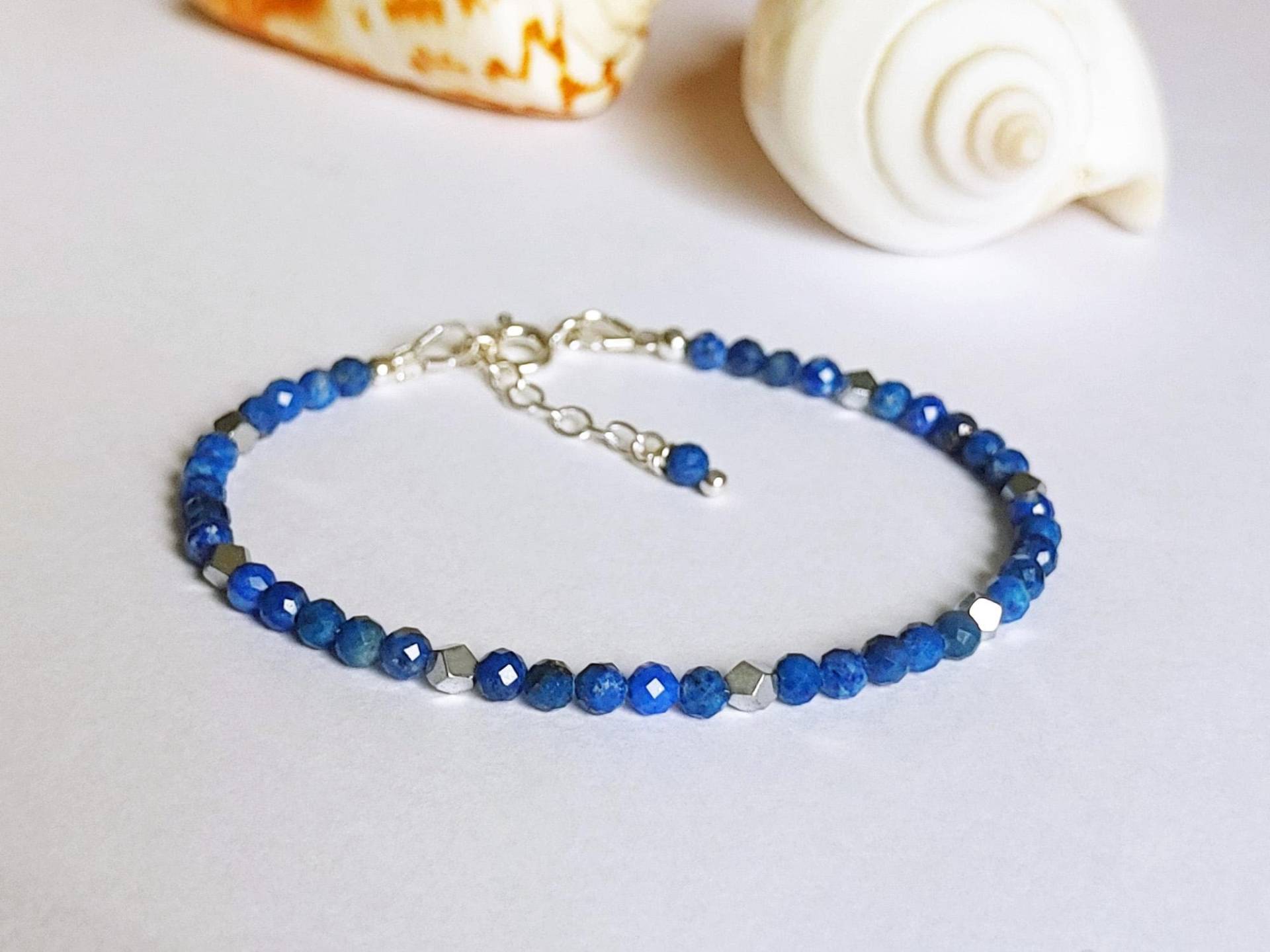 Natürliches Lapislazuli Armband Mit Hämatit Und 925 Silber Verschluss Längenverstellbar, Blaues Edelstein 3 Mm, Schmales von Modetrueffel