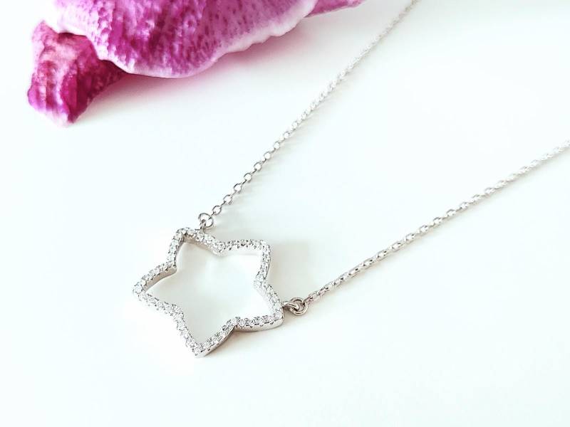Zierliche Zirkonia Stern Kette 925 Silber, Filigrane Silberkette, Glitzernder Anhänger, Layer Kette, Geschenkidee, Silberschmuck von Modetrueffel