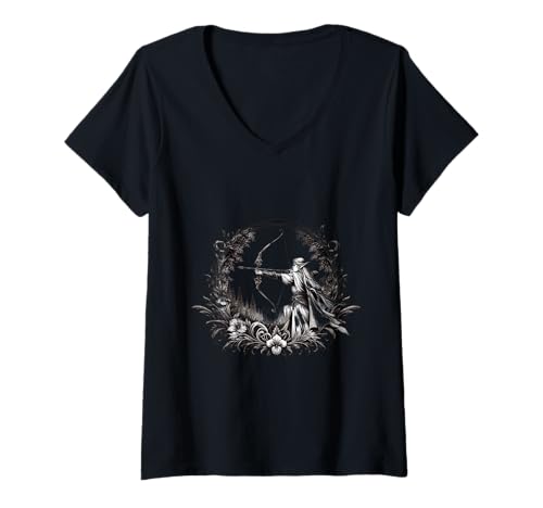 Damen Bogenschütze Blumen Wald Pfeil Waldmann Natur Wildnis Blatt T-Shirt mit V-Ausschnitt Damen Bogenschütze Blumen Wald Pfeil Waldmann Natur Wildnis Blatt T-Shirt mit V-Ausschnitt von Modisches Statement und auch ein Gesprächsstarter