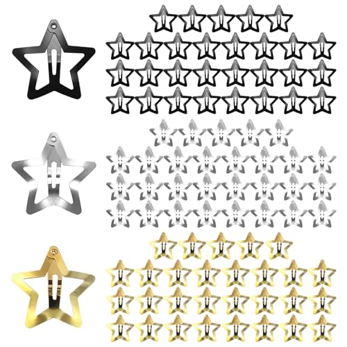 Modixun 90 Stück 3 cm Stern-Haarspangen, Stern-Clips, 2000er-Jahre, Haar-Accessoires, rutschfeste Metall-Haarspangen, niedliche Haarspangen, Kawaii-Haarspangen für Damen, Silber + Gold + Schwarz von Modixun