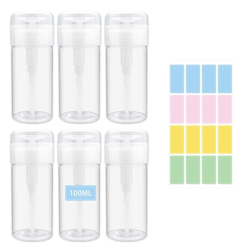 Modixun Nagellackentferner-Pumpe, Alkoholspender, verschließbare Flasche, leerer Flüssigkeitsbehälter mit Aufklebern für Make-up-Entferner, Mizellenwasser, Toner, 100 ml, 6 Stück Modixun Nagellackentferner-Pumpe, Alkoholspender, verschließbare Flasche, leerer Flüssigkeitsbehälter mit Aufklebern für Make-up-Entferner, Mizellenwasser, Toner, 100 ml, 6 Stück von Modixun