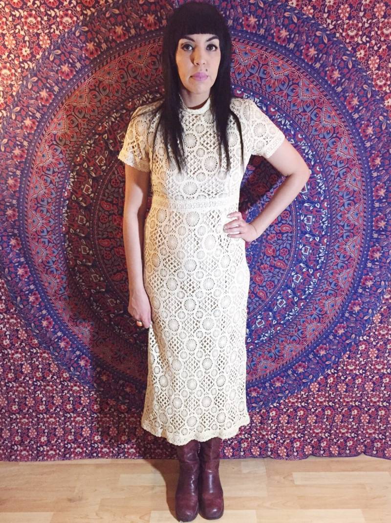 Vintage 60Er Jahre Boho Mod Creme Stehkragen Häkelspitze Maxi Kleid M von ModlipsRevival