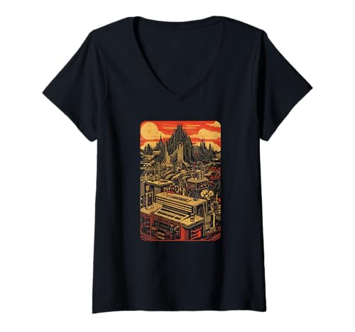 Damen Analoger modularer Vintage-Synthesizer, japanischer Druck inspiriert T-Shirt mit V-Ausschnitt Damen Analoger modularer Vintage-Synthesizer, japanischer Druck inspiriert T-Shirt mit V-Ausschnitt von Modular Analog Synthesizer Patch Cable Apparel