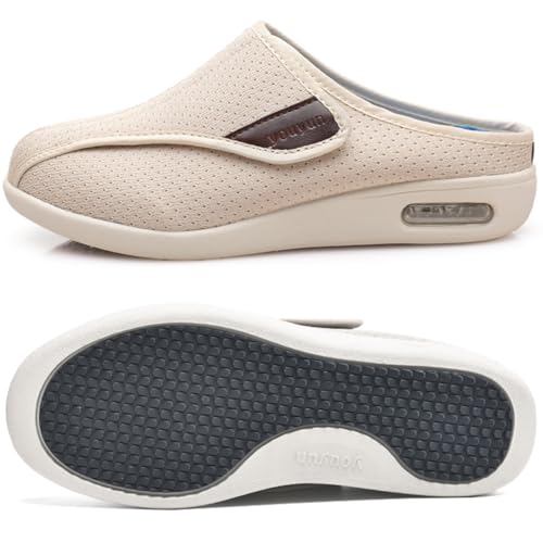 Gesundheitshausschuhe Damen mit Klettverschluss Ohne Schnuersenkel Slip-on Schuhe Orthopädische Turnschuhe für Sandalen Mesh Slip On Design Geschwollene Füße(Beige,44.5 EU) von Möge