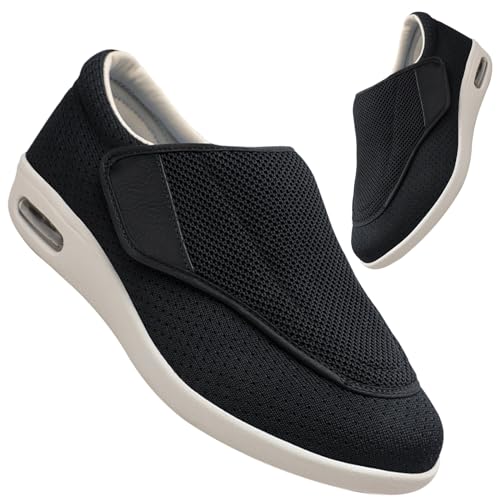 Hausschuhe mit Klettverschluss Herren Plantarfasziitis Schuhe Herren breite Passform Walkingschuhe für Diabetiker orthopädische geschwollene Füße Unterstützung leicht bequem(Color:Black,Size:47 EU) von Möge