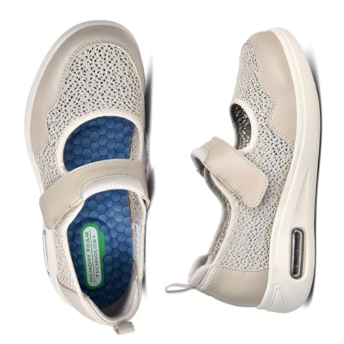 Medizinische Schuhe Damen Diabetiker Extra Weit Klettverschluss Hallux Valgus Sandalen Modern Verbandsschuhe(Beige,37.5 EU) von Möge