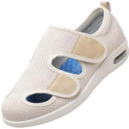 Möge Diabetiker Hausschuhe Herren Extra Weit Offener Zeh Klettverschluss Orthopädische Herren-Sneaker mit Fußgewölbeunterstützung Arch Support Slip-On Loafers Walking Schuhe(Beige,43.5 EU) von Möge