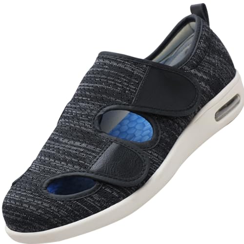 Möge Diabetiker Hausschuhe Herren Extra Weit Offener Zeh Klettverschluss Orthopädische Herren-Sneaker mit Fußgewölbeunterstützung Arch Support Slip-On Loafers Walking Schuhe(BlackGrey,47 EU) von Möge