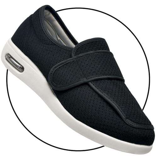 Möge Diabetiker Schuhe Herren Extra Weite Einstellbar Walking Schuhe für Fußschwellung erweiterte Breiten Klettverschluss Gesundheitsschuhe Verbandsschuhe Damen(Black,46 EU) von Möge