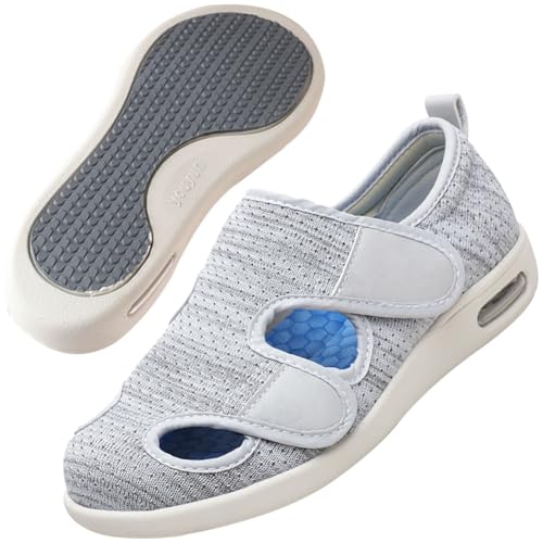 Möge Diabetikerschuhe Extra Weit Herren Luftkissen Offener Zeh Senioren Schuhe mit Klettverschluss Orthopädische Sneaker Herrenschuhe Hoher Spann(LightGrey,46 EU) von Möge