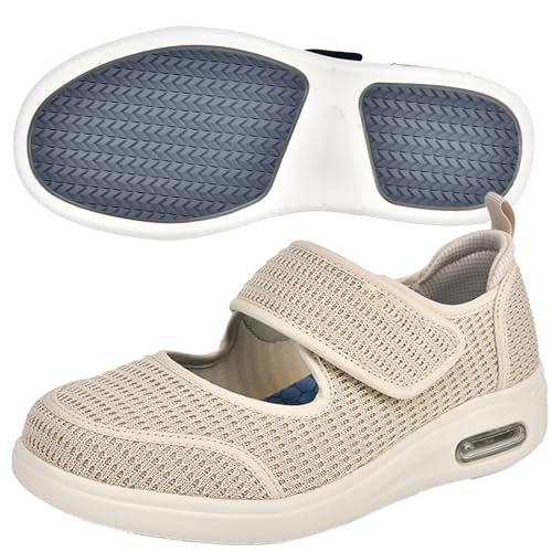 Möge Hausschuhe für Diabetiker Damen Verbandschuhe Klettverschluss Extratiefer Innenraum stützende Gesundheitshausschuhe mit Orthopädische Schuhe(Beige,39 EU) von Möge