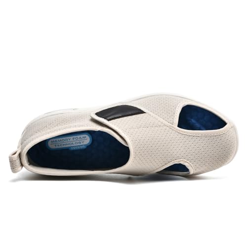 Möge Hausschuhe für Geschwollene FüßE Offener Zeh Senioren Herren Klettverschluss Verbandschuhe Damen Diabetiker Extra Weit(Beige,45 EU) von Möge
