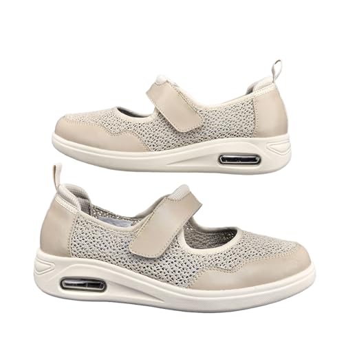 Möge Klettverschluss Schuhe Damen Senioren Ohne SchnüRsenkel Breite Zehenbox Zuckerkranke Turnschuhe mit Wasser In Den FüSsen Geräumiges Innenleben(Beige,40 EU) von Möge