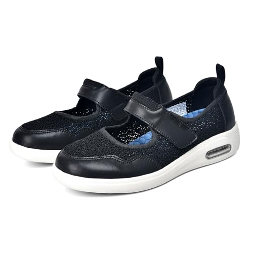 Möge Klettverschluss Schuhe Damen Senioren Ohne SchnüRsenkel Breite Zehenbox Zuckerkranke Turnschuhe mit Wasser In Den FüSsen Geräumiges Innenleben(Black,42 EU) von Möge