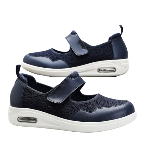 Möge Klettverschluss Schuhe Damen Senioren Ohne SchnüRsenkel Breite Zehenbox Zuckerkranke Turnschuhe mit Wasser In Den FüSsen Geräumiges Innenleben(Blue,43 EU) von Möge