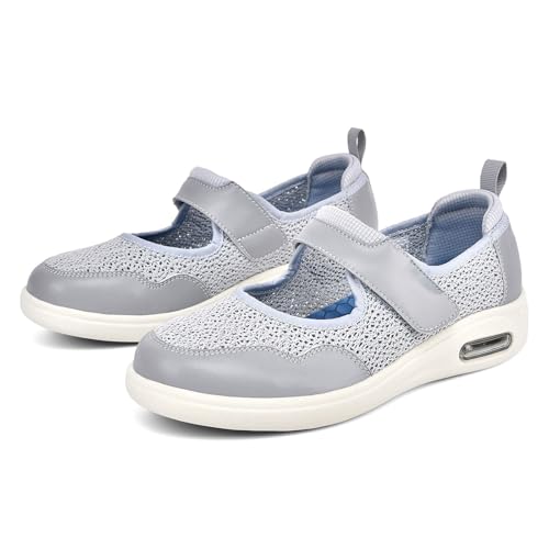 Möge Klettverschluss Schuhe Damen Senioren Ohne SchnüRsenkel Breite Zehenbox Zuckerkranke Turnschuhe mit Wasser In Den FüSsen Geräumiges Innenleben(Gray,40.5 EU) von Möge