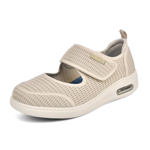 Möge Medizinische Damenschuhe Diabetiker Schuhe Damen Hausschuhe Klettverschluss Senioren Hallux Valgus Turnschuhe mit Gesundheitsschuhe(Beige,40.5 EU) von Möge