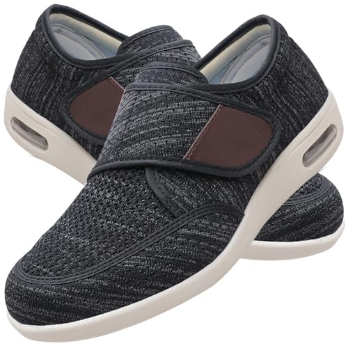 Möge Orthopädische Herren Sneaker Hausschuhe Rutschfest Senioren Klettverschluss Schuhe Schuhe Geschwollene Füße(Black Gray,44.5 EU) von Möge