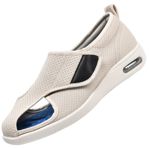 Möge Schuhe Herren Extra Breit Diabetiker Offener Zeh Hausschuhe für Geschwollene FüßE Senioren Klettverschluss Luftkissen Geräumiges Innenleben Breite Zehenbox(Beige,41 EU) von Möge