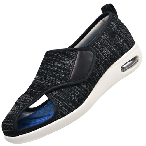Möge Schuhe Herren Extra Breit Diabetiker Offener Zeh Hausschuhe für Geschwollene FüßE Senioren Klettverschluss Luftkissen Geräumiges Innenleben Breite Zehenbox(BlackGrey,46 EU) von Möge