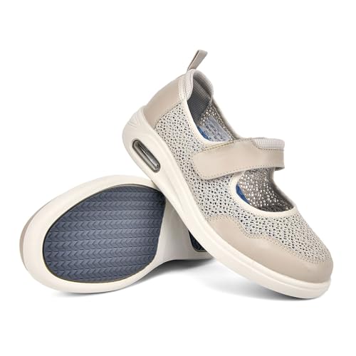 Möge Senioren Schuhe Damen Extra Weit Hausschuhe mit Klettverschluss Geräumiges Innenleben Verbandschuh Gesundheitsschuhe(Beige,39 EU) von Möge