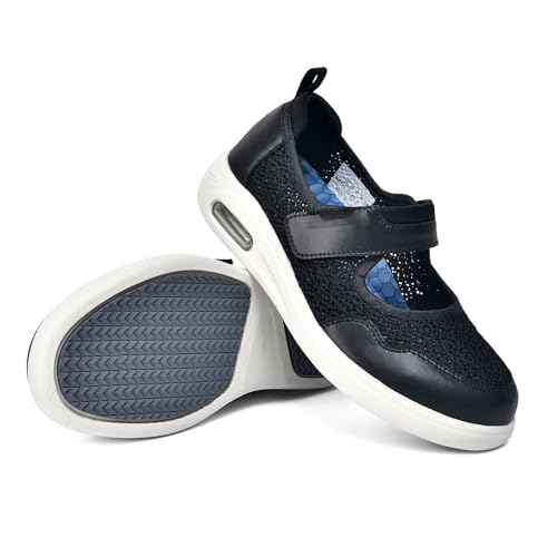 Möge Senioren Schuhe Damen Extra Weit Hausschuhe mit Klettverschluss Geräumiges Innenleben Verbandschuh Gesundheitsschuhe(Black,36 EU) von Möge