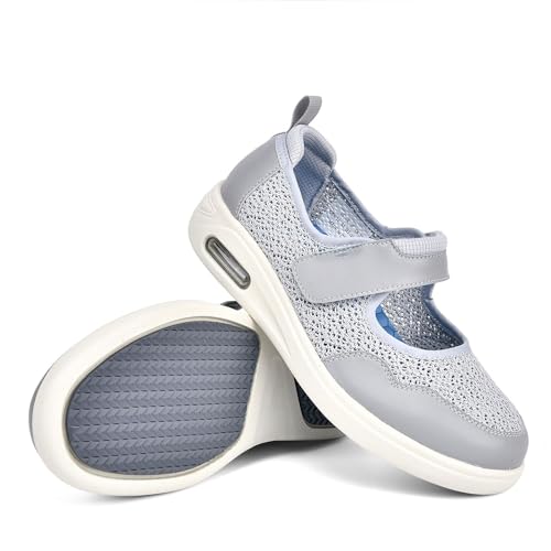 Möge Senioren Schuhe Damen Extra Weit Hausschuhe mit Klettverschluss Geräumiges Innenleben Verbandschuh Gesundheitsschuhe(Gray,38 EU) von Möge