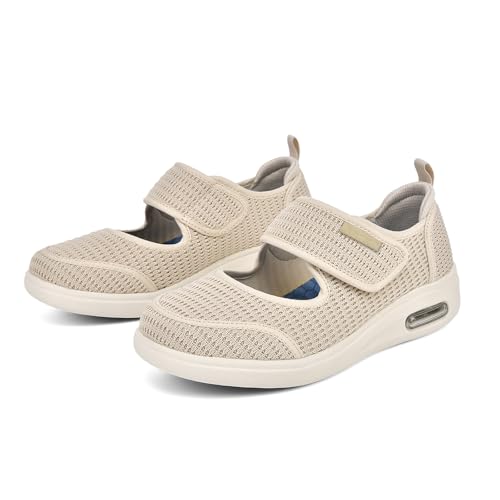 Möge Senioren Schuhe Damen Luftkissen Geräumiges Innenleben Diabetiker Hands-Free Orthopädische Hallux Valgus Turnschuhe mit Klettverschluss(Beige,43 EU) von Möge
