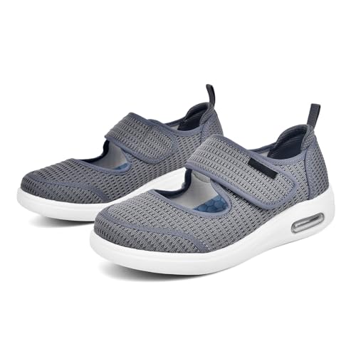 Möge Senioren Schuhe Damen Luftkissen Geräumiges Innenleben Diabetiker Hands-Free Orthopädische Hallux Valgus Turnschuhe mit Klettverschluss(Gray,40 EU) von Möge