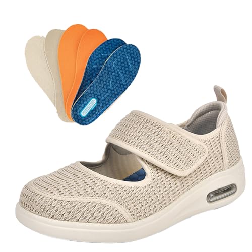 Möge Senioren Schuhe Damen Sportschuhe Herren mit Klettverschluss Breite Zehenbox Luftkissen Sommerschuhe Hausschuhe für Diabetiker Gesundheitshausschuhe(Beige,40.5 EU) von Möge