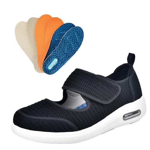 Möge Senioren Schuhe Damen Sportschuhe Herren mit Klettverschluss Breite Zehenbox Luftkissen Sommerschuhe Hausschuhe für Diabetiker Gesundheitshausschuhe(Black,37.5 EU) von Möge