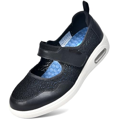 Möge Senioren Schuhe Damen für Geschwollene Füße Diabetiker Orthopädische Hallux Valgus Gesundheitsschuhe(Black,42 EU) von Möge