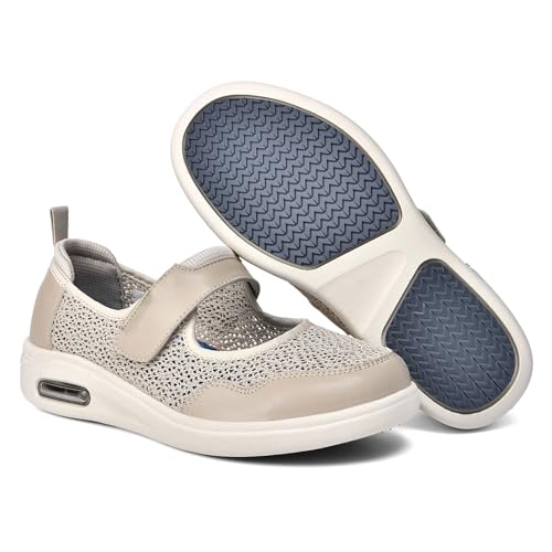 Möge Senioren Schuhe mit Klettverschluss für Geschwollene Füße Diabetiker Damen Orthopädische Geräumiges Innenleben Wanderschuhe Hallux Walux(Beige,39 EU) von Möge