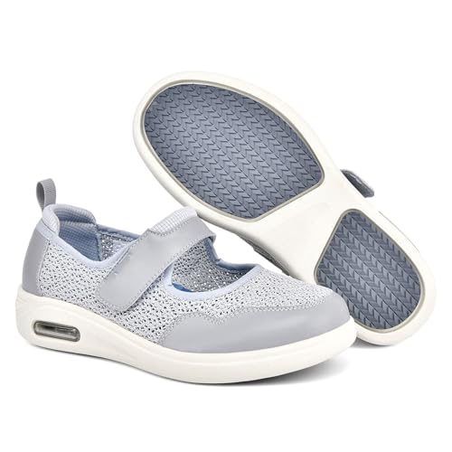 Möge Senioren Schuhe mit Klettverschluss für Geschwollene Füße Diabetiker Damen Orthopädische Geräumiges Innenleben Wanderschuhe Hallux Walux(Gray,39 EU) von Möge