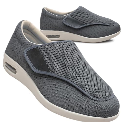 Möge Slip On Loafer für Herren Diabetiker Schuhe Herren Extra Breit Klettverschluss Schuhe Für Geschwollene Füße Leicht Gesundheitsschuhe Senioren rutschfest Turnschuhe (Color : Gray, Size : 47 EU) von Möge