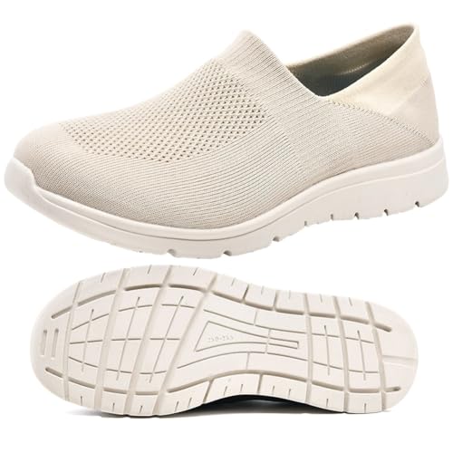 Slipper Extra Weit Damen Slip On Sneakers Nurse Schuhe Walkingschuhe Outdoor Turnschuhe Sportschuhe Bequem Leichte Atmungsaktiv Freizeitschuhe Memory Foam Fitness Sporthalle(Beige,42 EU) von Möge