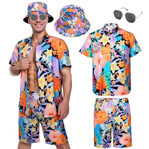 Hawaiihemd Herren Kurzarm, Casual Blumen Hawaiihemd Set mit Shorts Fischerhut Hawaii Kostüm für Sommer Strand Party (Stil 2, M) von Moerstar