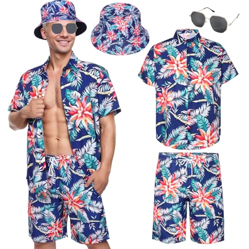 Hawaiihemd Herren Kurzarm, Casual Blumen Hawaiihemd Set mit Shorts Fischerhut Hawaii Kostüm für Sommer Strand Party (Stil 4, M) von Moerstar