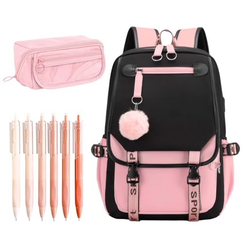 Moerstar Schulrucksack Mädchen Freizeit Schulranzen Set mit Federmäppchen und 5 Stück Gelstifte Schulrucksack Teenager Freizeit Schulranzen Mädchen Modisch School Backpack Girls von Moerstar
