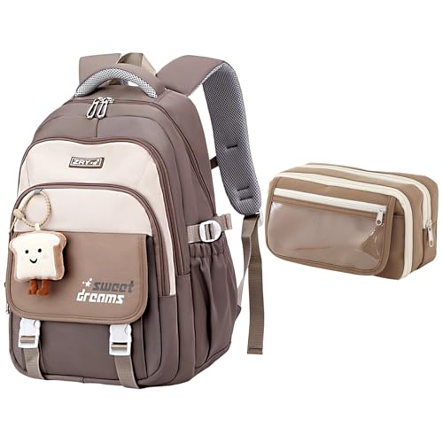 Moerstar Schulrucksack Teenager Mädchen, 36L Rucksack Schule Teenager mit Süßem Anhänger und Federmäppchen, Schultasche für 3.-5. Klasse, Großer Freizeit Reisen Schule rucksack (Braun) von Moerstar