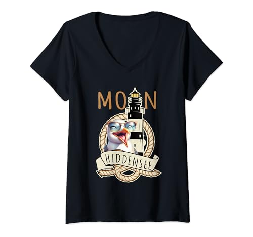 Damen Moin Hiddensee - Lachende Möwe mit Sonnenbrille T-Shirt mit V-Ausschnitt von Möwe Nordlicht Norddeutschland Küstenkind Motiv