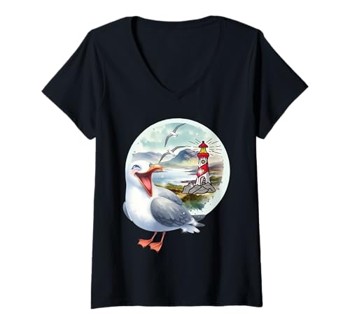 Damen Möwe Kind Leuchtturm Küste Natur Nordsee Ostsee T-Shirt mit V-Ausschnitt Damen Möwe Kind Leuchtturm Küste Natur Nordsee Ostsee T-Shirt mit V-Ausschnitt von Möwen Möwe Küste Meer Vögel Natur