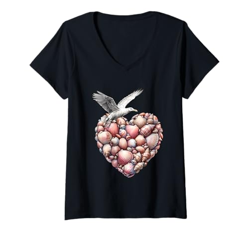 Damen Möwe Möwen maritim Herz Herzen Muscheln Muschel Kinder Kind T-Shirt mit V-Ausschnitt Damen Möwe Möwen maritim Herz Herzen Muscheln Muschel Kinder Kind T-Shirt mit V-Ausschnitt von Möwen Möwe Küste Meer Vögel Natur