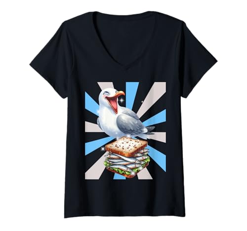 Damen Retro Möwen maritim Fisch Hering Sandwitsch Möwe Seevogel T-Shirt mit V-Ausschnitt Damen Retro Möwen maritim Fisch Hering Sandwitsch Möwe Seevogel T-Shirt mit V-Ausschnitt von Möwen Möwe Küste Meer Vögel Natur