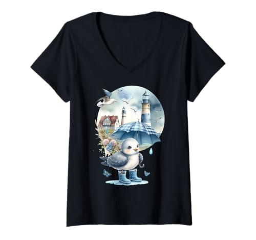 Damen maritim Möwen Möwe Jungen Leuchtturm Frauen Teenie Mädchen T-Shirt mit V-Ausschnitt Damen maritim Möwen Möwe Jungen Leuchtturm Frauen Teenie Mädchen T-Shirt mit V-Ausschnitt von Möwen Möwe Küste Meer Vögel Natur