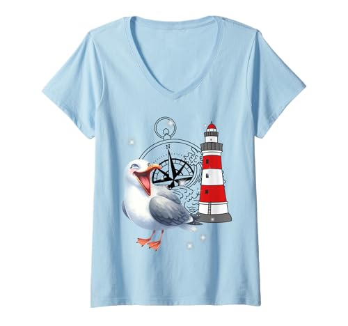 Damen maritim Möwen Möwe Leuchtturm Kinder Kompass lustig Seemöwe T-Shirt mit V-Ausschnitt Damen maritim Möwen Möwe Leuchtturm Kinder Kompass lustig Seemöwe T-Shirt mit V-Ausschnitt von Möwen Möwe Küste Meer Vögel Natur