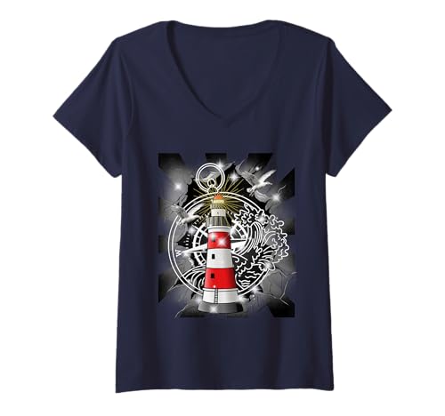 Damen maritim Möwen Retro 60er Leuchtturm Seefahrt Kompass T-Shirt mit V-Ausschnitt Damen maritim Möwen Retro 60er Leuchtturm Seefahrt Kompass T-Shirt mit V-Ausschnitt von Möwen Möwe Küste Meer Vögel Natur