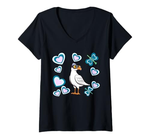 Damen maritim Retro Möwe Kinder Mädchen Jungen 60er T-Shirt mit V-Ausschnitt Damen maritim Retro Möwe Kinder Mädchen Jungen 60er T-Shirt mit V-Ausschnitt von Möwen Möwe Küste Meer Vögel Natur