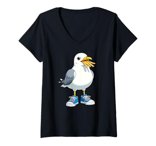 Damen Möwe Sneaker Pommes Cool T-Shirt mit V-Ausschnitt von Möwen Pommes Cartoon Streetwear