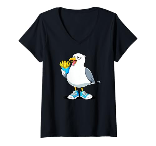 Damen Möwe Sneaker Pommes Cool T-Shirt mit V-Ausschnitt von Möwen Pommes Cartoon Streetwear